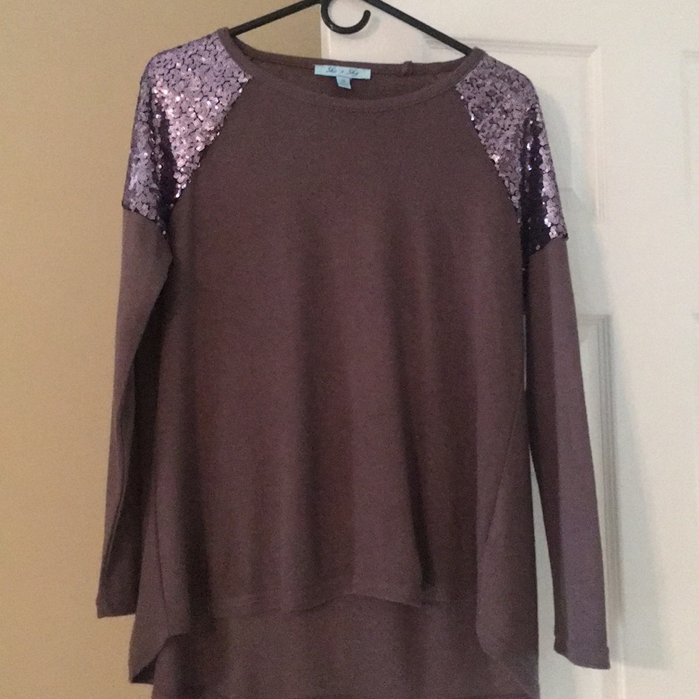 She and Sky top with sequined shoulders